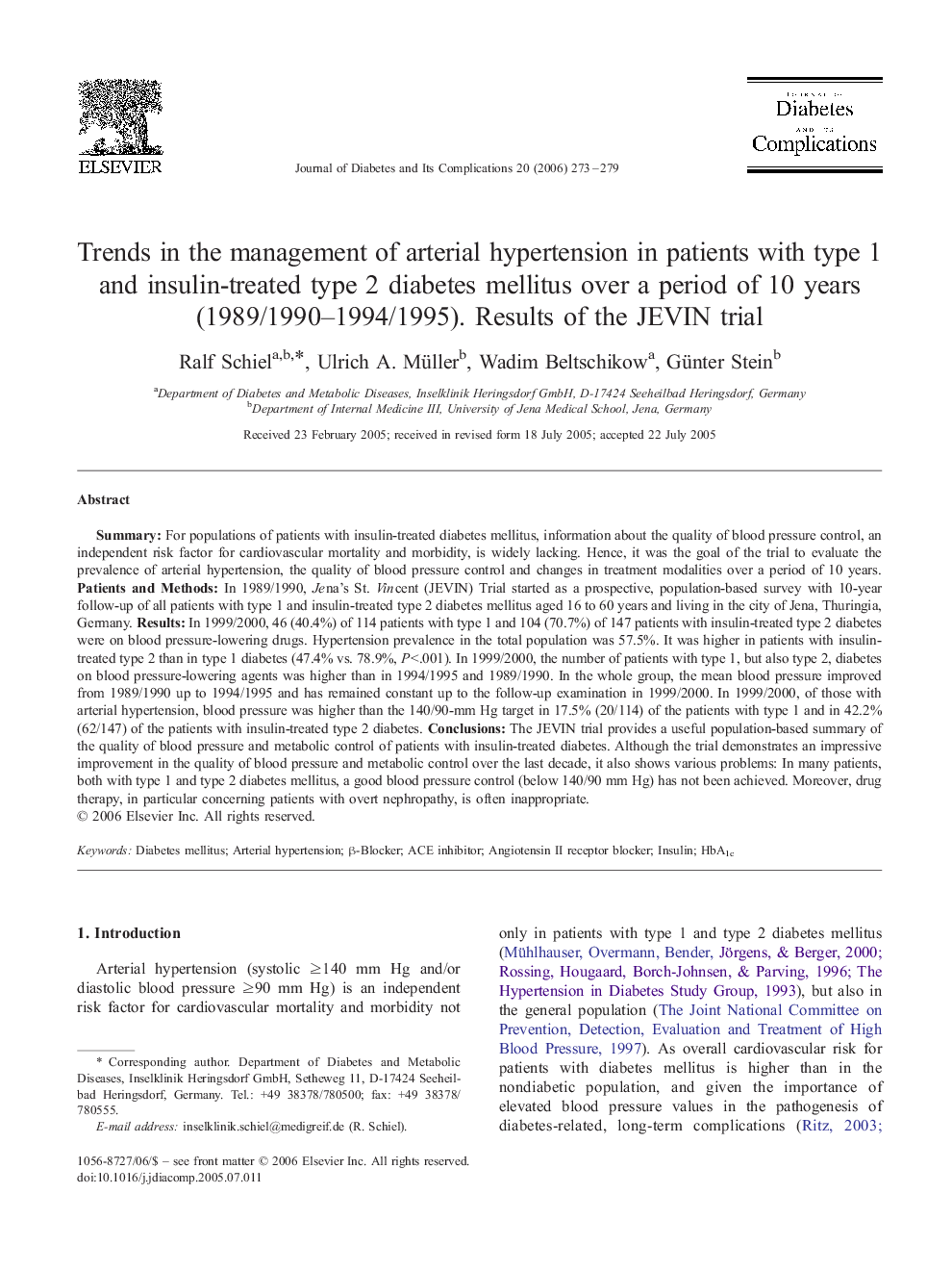 Trends in the management of arterial hypertension in patients with type 1 and insulin-treated type 2 diabetes mellitus over a period of 10 years (1989/1990–1994/1995). Results of the JEVIN trial