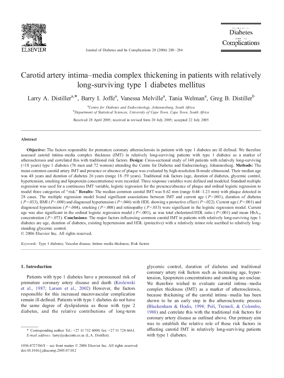 Carotid artery intima–media complex thickening in patients with relatively long-surviving type 1 diabetes mellitus