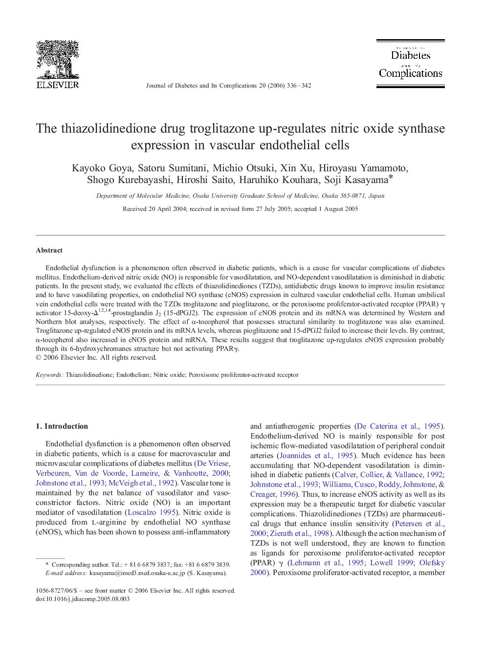 The thiazolidinedione drug troglitazone up-regulates nitric oxide synthase expression in vascular endothelial cells