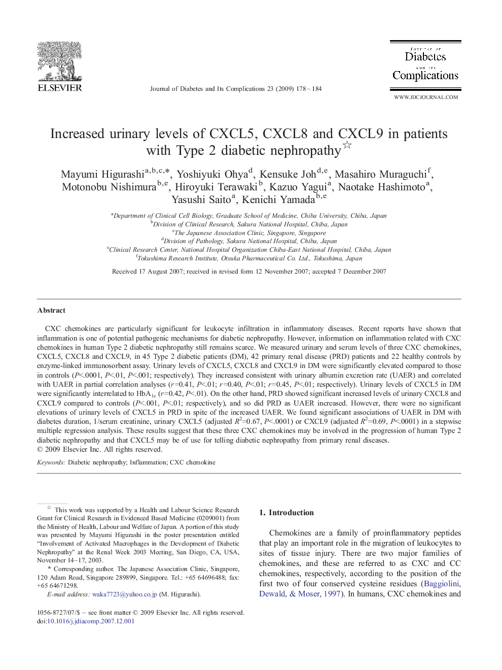 Increased urinary levels of CXCL5, CXCL8 and CXCL9 in patients with Type 2 diabetic nephropathy 