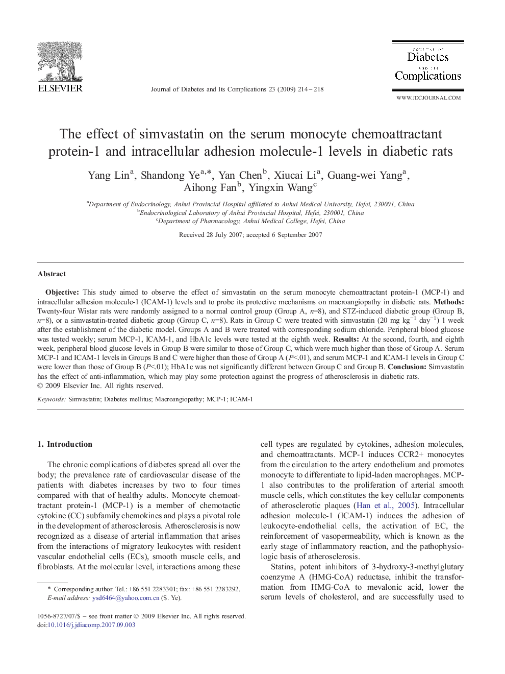 The effect of simvastatin on the serum monocyte chemoattractant protein-1 and intracellular adhesion molecule-1 levels in diabetic rats