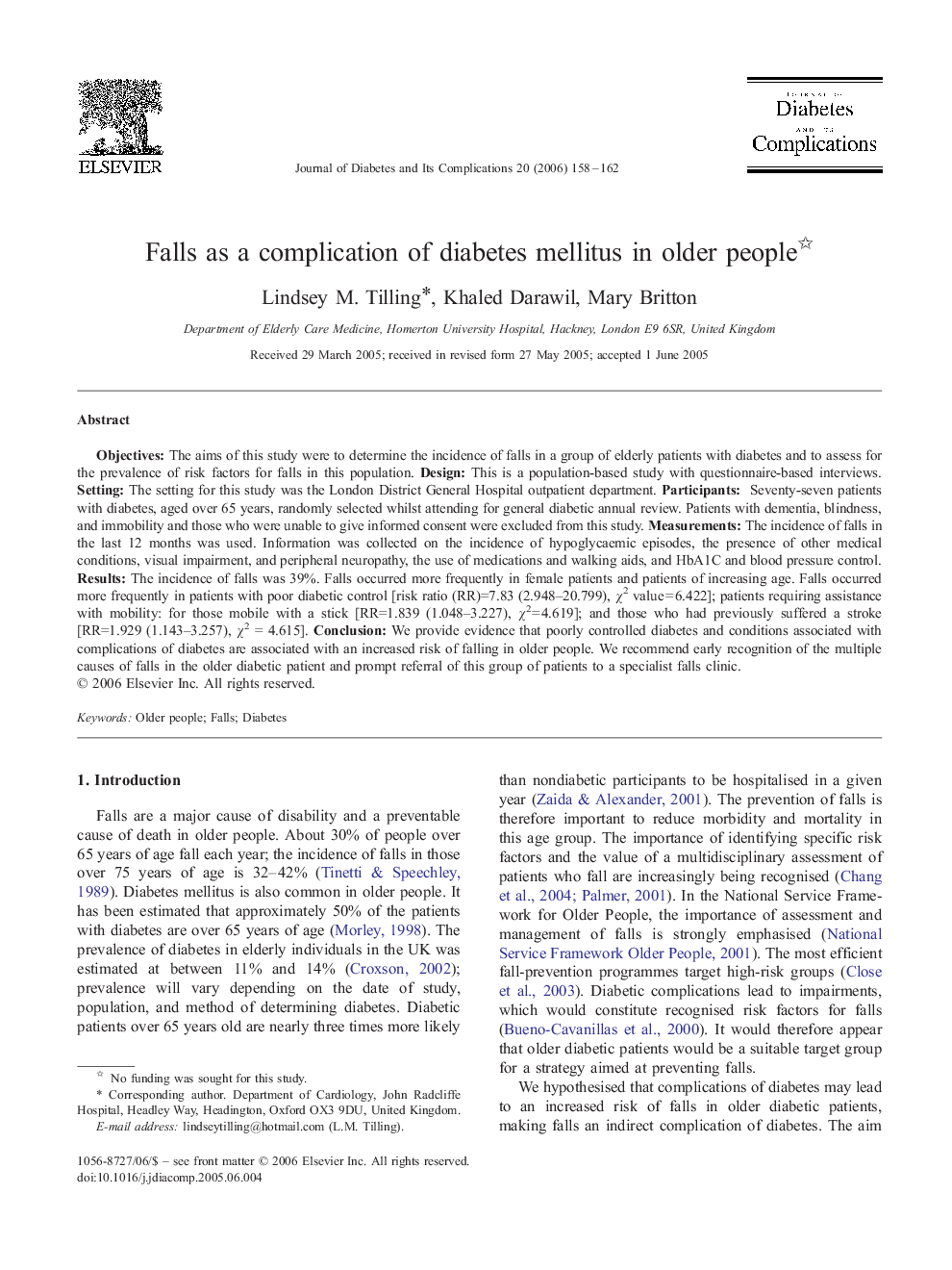 Falls as a complication of diabetes mellitus in older people 