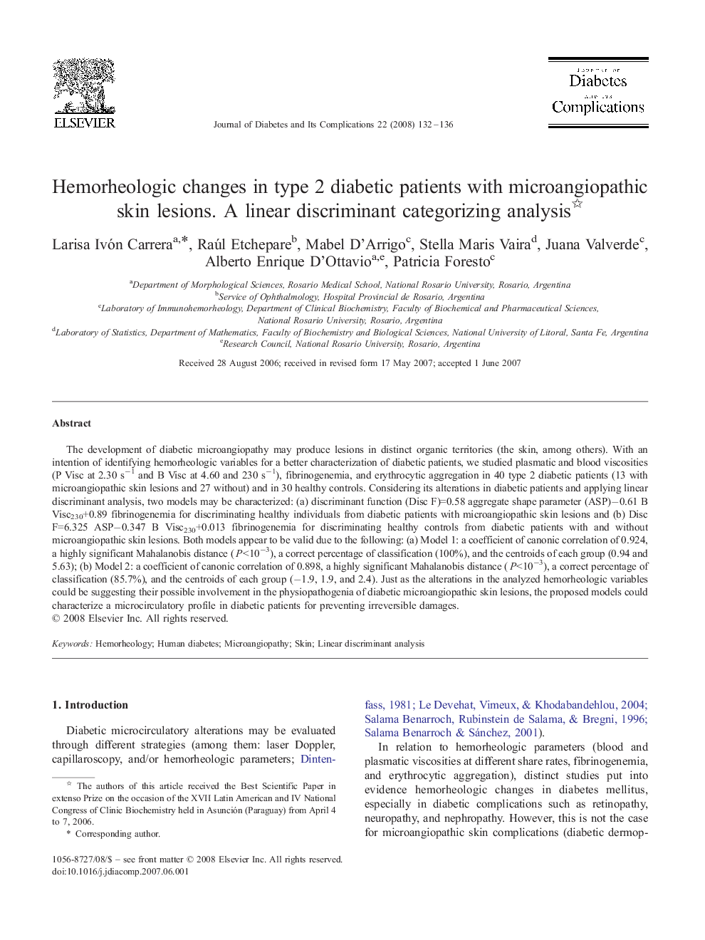 Hemorheologic changes in type 2 diabetic patients with microangiopathic skin lesions. A linear discriminant categorizing analysis 