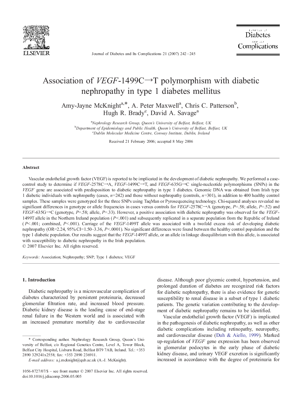 Association of VEGF-1499C→T polymorphism with diabetic nephropathy in type 1 diabetes mellitus