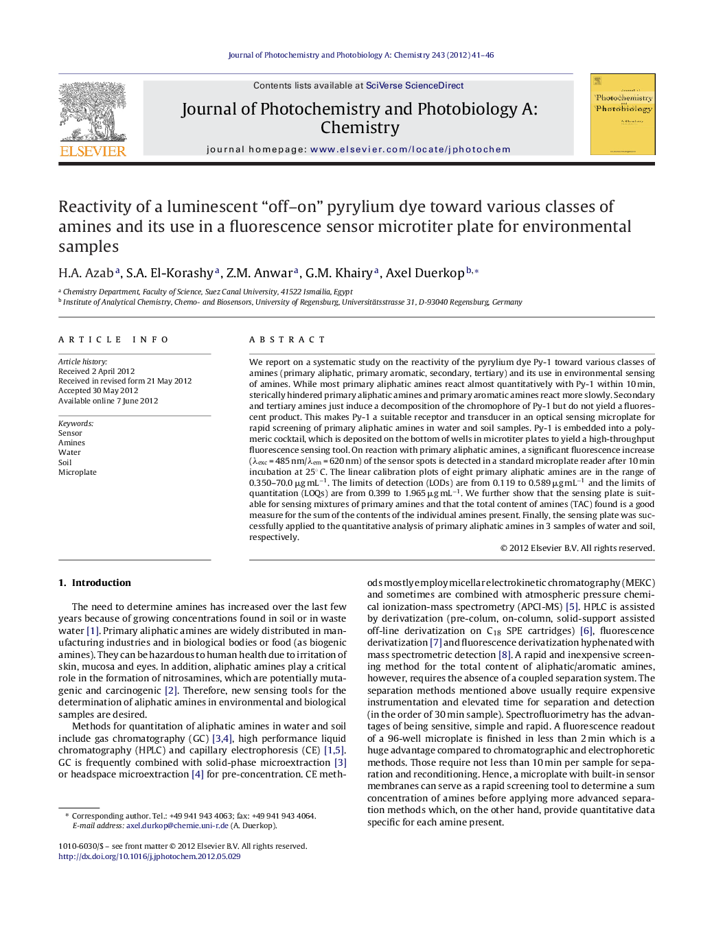 Reactivity of a luminescent “off–on” pyrylium dye toward various classes of amines and its use in a fluorescence sensor microtiter plate for environmental samples