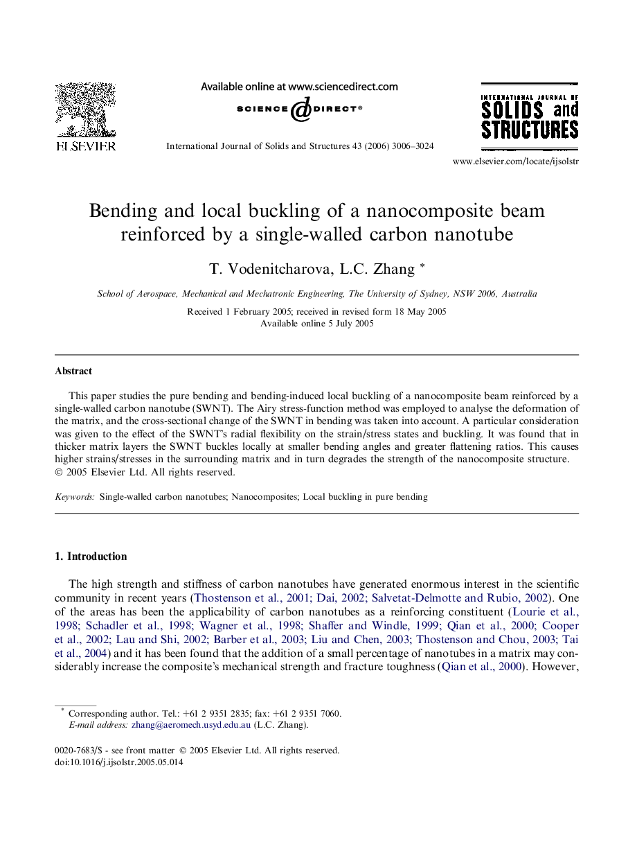 Bending and local buckling of a nanocomposite beam reinforced by a single-walled carbon nanotube