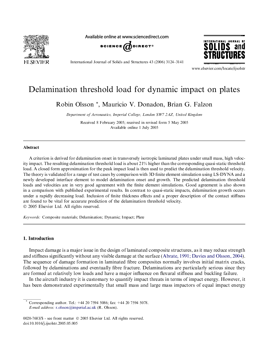Delamination threshold load for dynamic impact on plates
