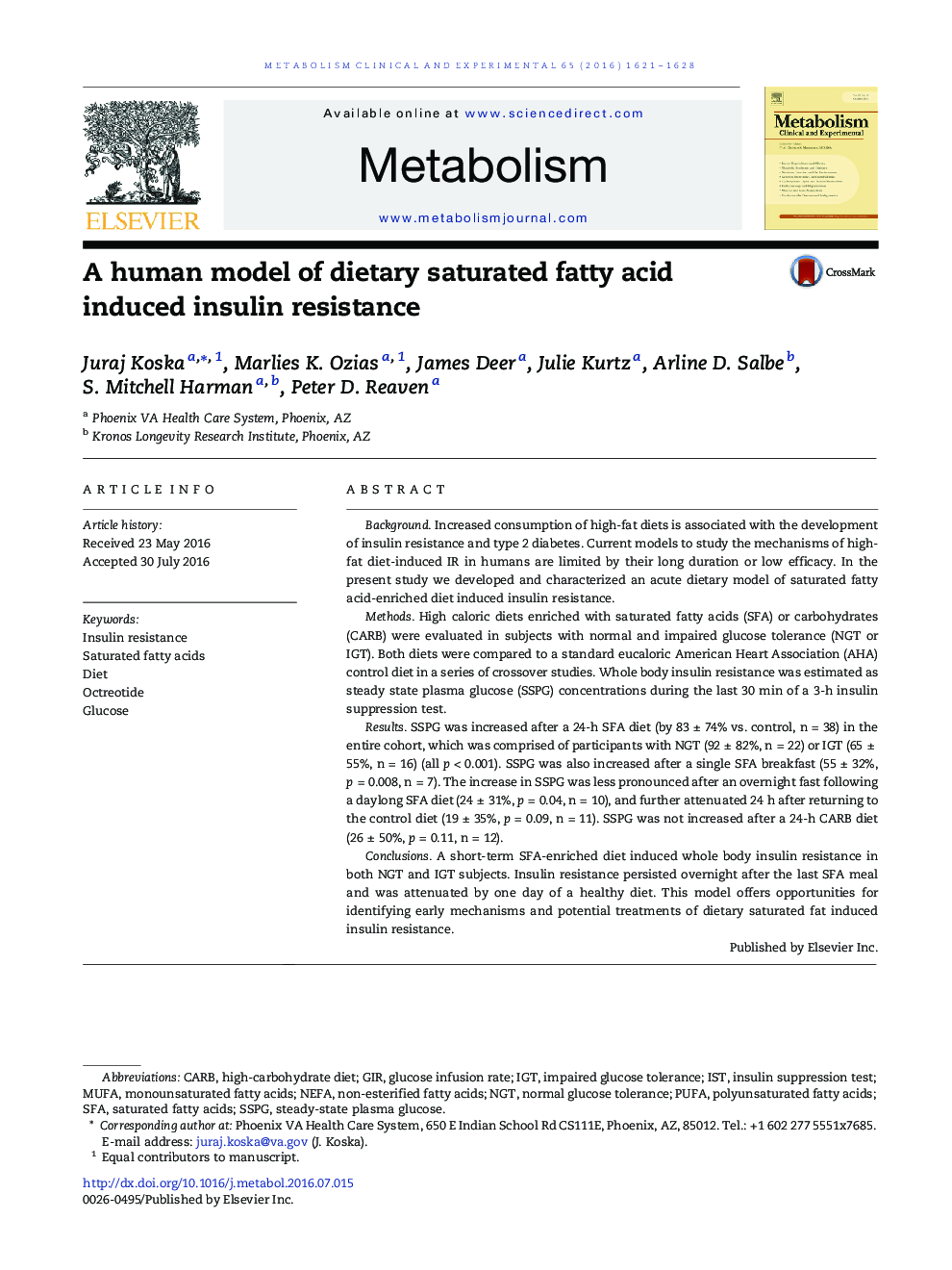 A human model of dietary saturated fatty acid induced insulin resistance