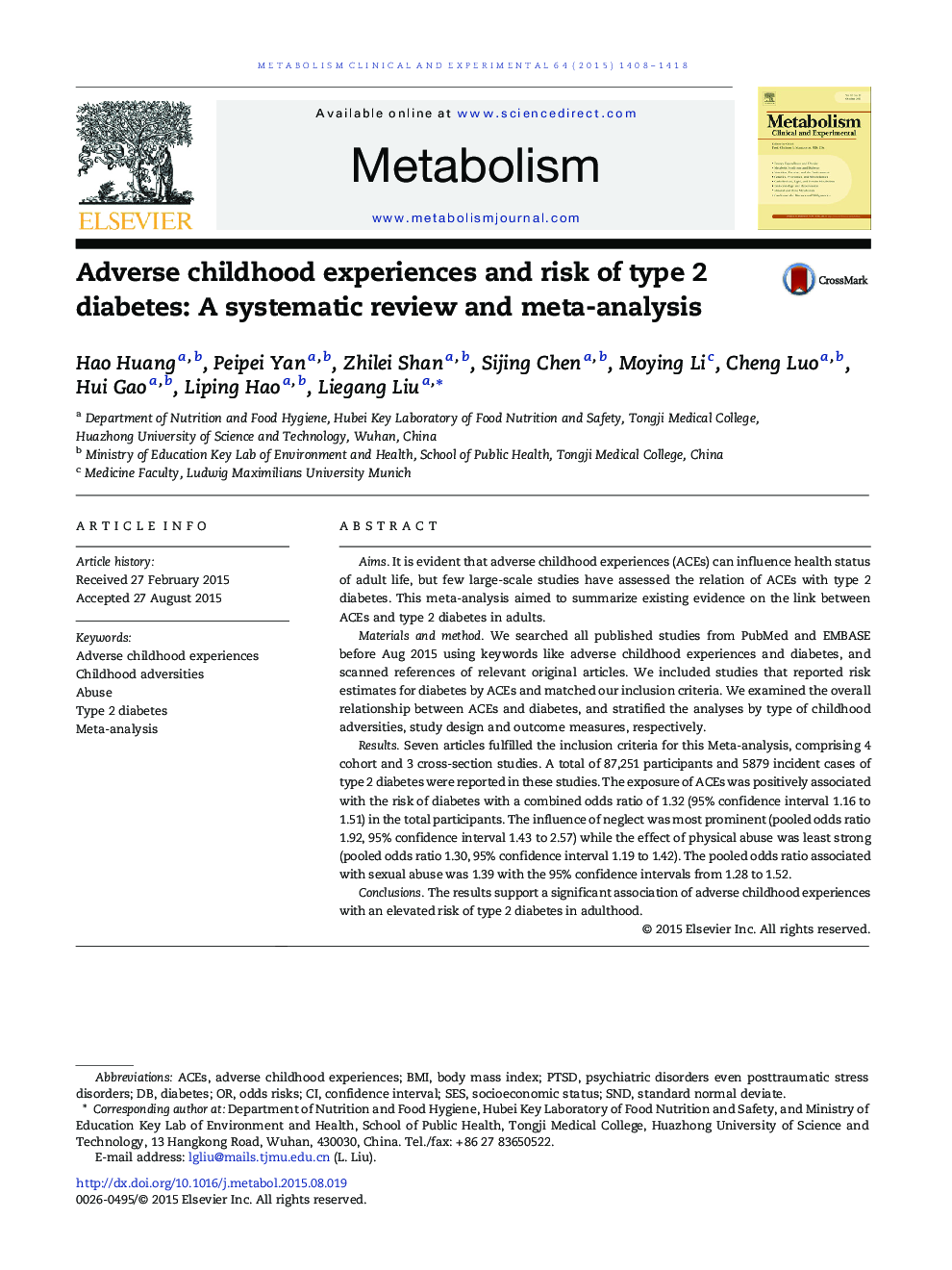 Adverse childhood experiences and risk of type 2 diabetes: A systematic review and meta-analysis