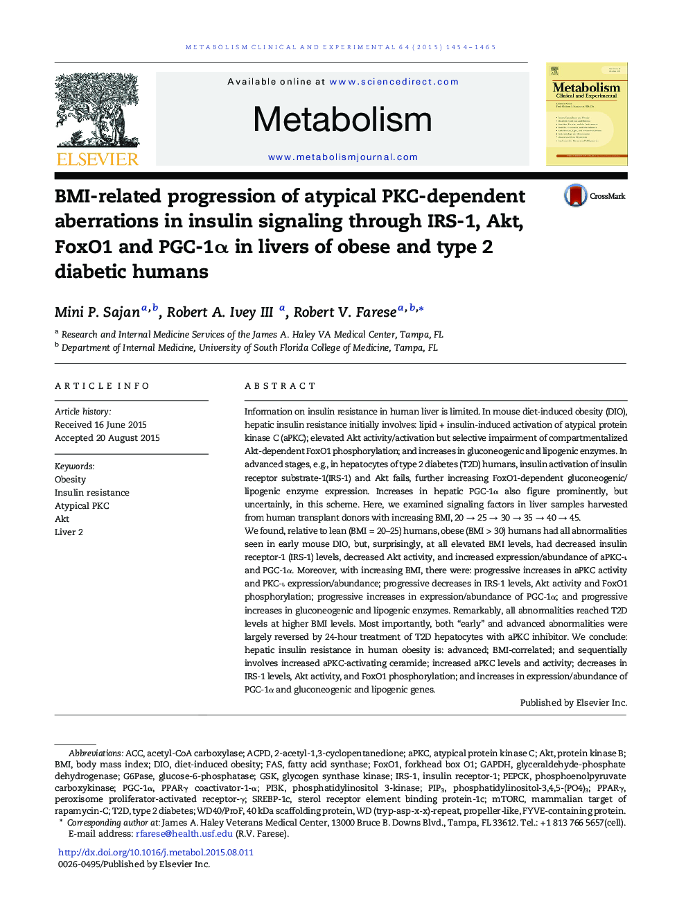 BMI-related progression of atypical PKC-dependent aberrations in insulin signaling through IRS-1, Akt, FoxO1 and PGC-1α in livers of obese and type 2 diabetic humans