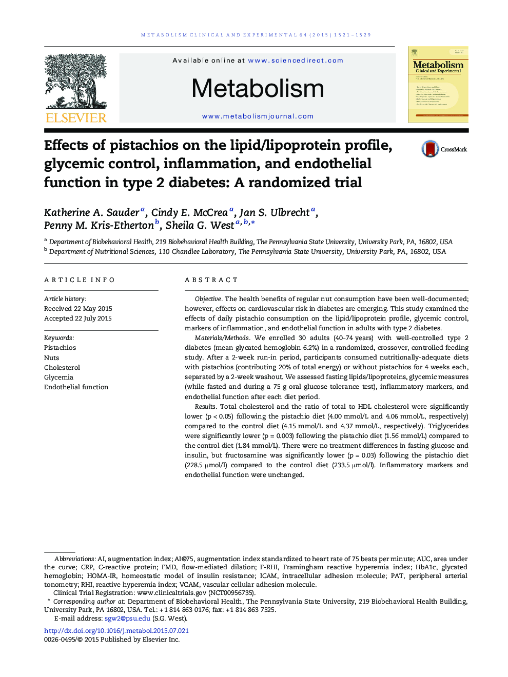 Effects of pistachios on the lipid/lipoprotein profile, glycemic control, inflammation, and endothelial function in type 2 diabetes: A randomized trial 