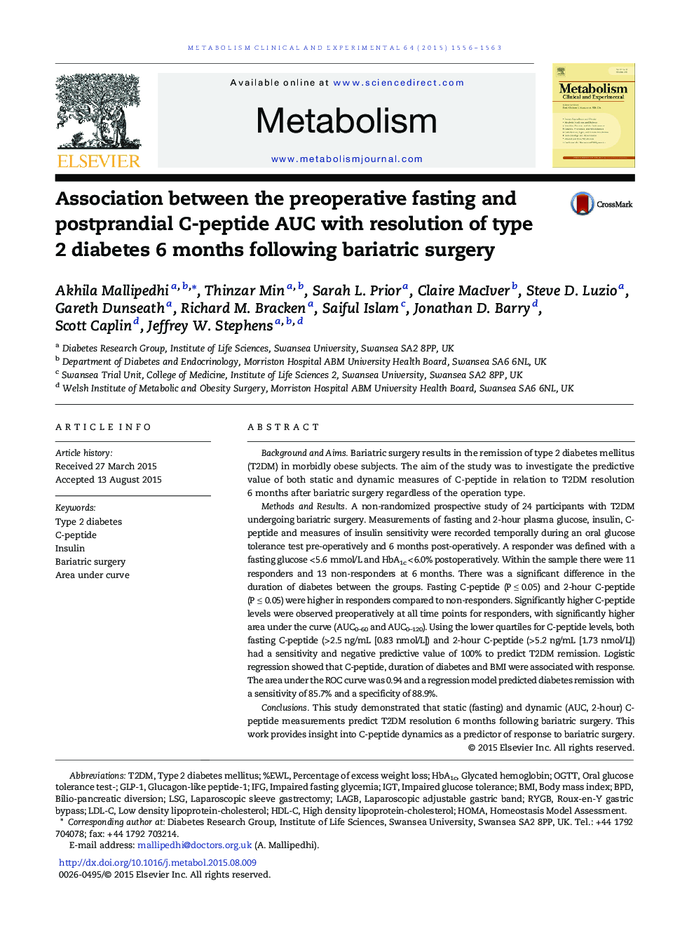 عکس صفحه اول مقاله: Association between the preoperative fasting and postprandial C-peptide AUC with resolution of type 2 diabetes 6 months following bariatric surgery Association between the preoperative fasting and postprandial C-peptide AUC with resolution of type 2 diabetes 6 months following bariatric surgery