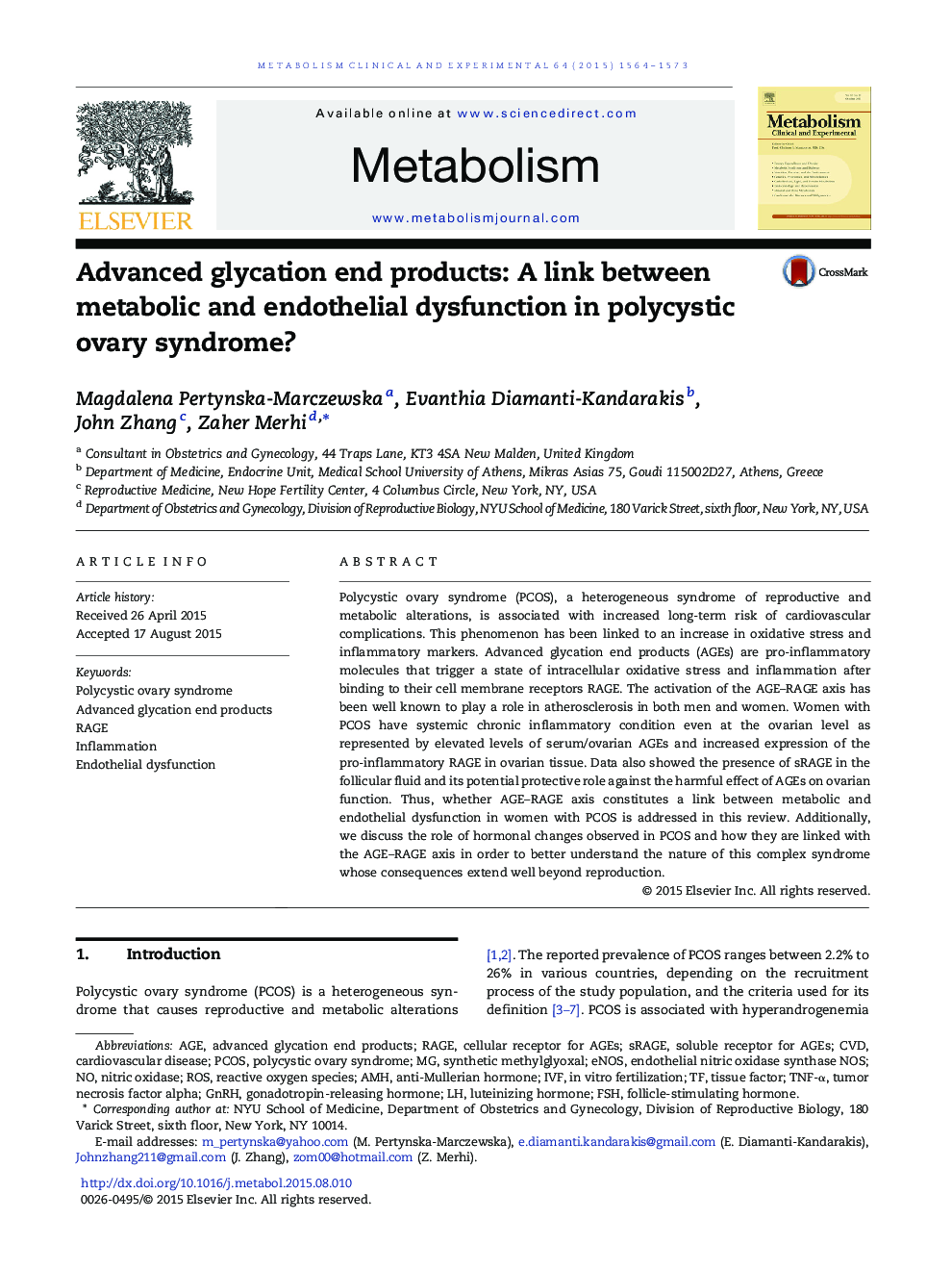 Advanced glycation end products: A link between metabolic and endothelial dysfunction in polycystic ovary syndrome?