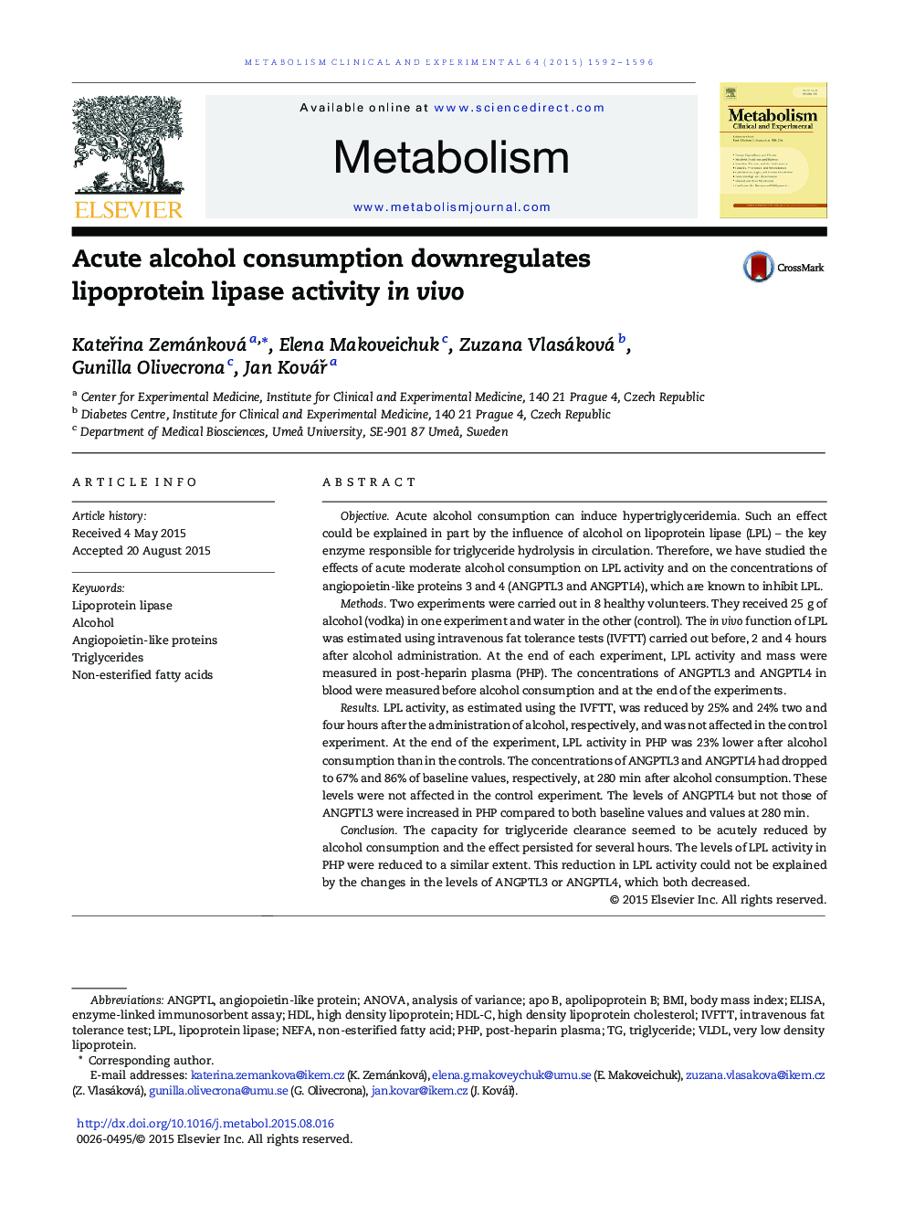 Acute alcohol consumption downregulates lipoprotein lipase activity in vivo