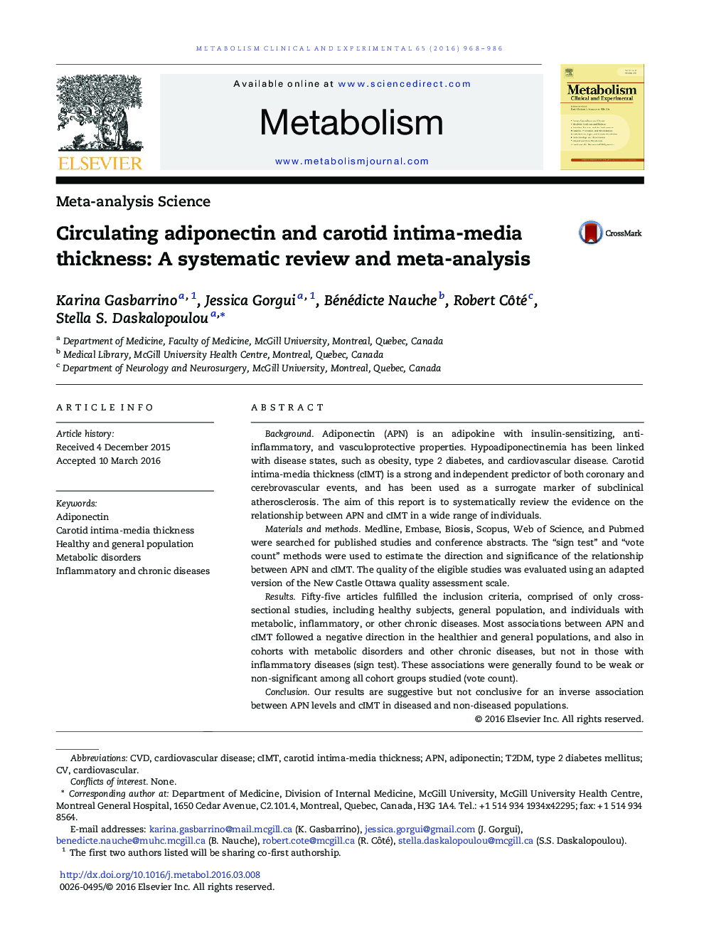 Circulating adiponectin and carotid intima-media thickness: A systematic review and meta-analysis 