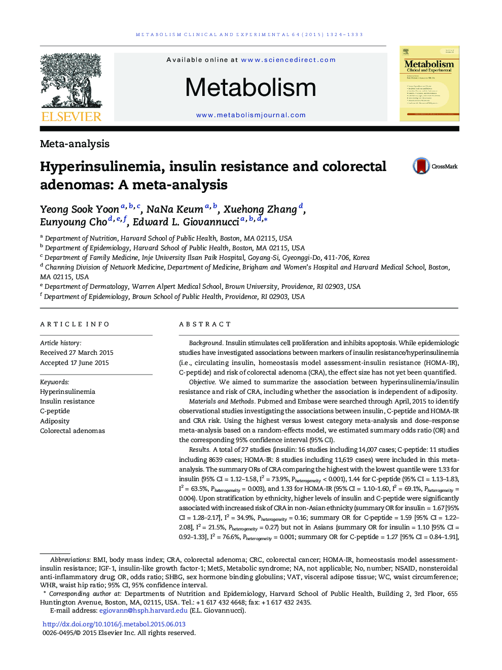 Hyperinsulinemia, insulin resistance and colorectal adenomas: A meta-analysis