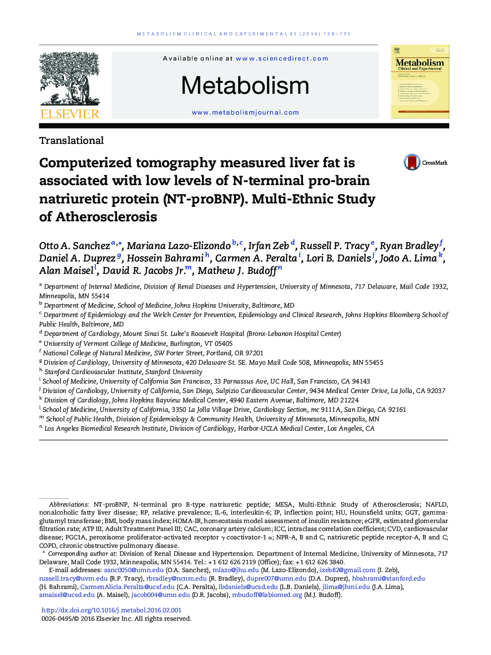 Computerized tomography measured liver fat is associated with low levels of N-terminal pro-brain natriuretic protein (NT-proBNP). Multi-Ethnic Study of Atherosclerosis