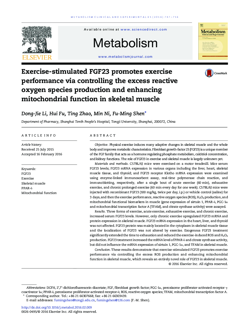 Exercise-stimulated FGF23 promotes exercise performance via controlling the excess reactive oxygen species production and enhancing mitochondrial function in skeletal muscle