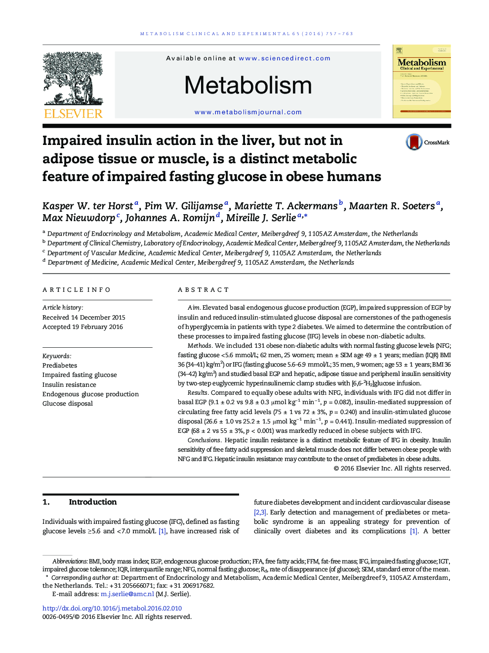 Impaired insulin action in the liver, but not in adipose tissue or muscle, is a distinct metabolic feature of impaired fasting glucose in obese humans