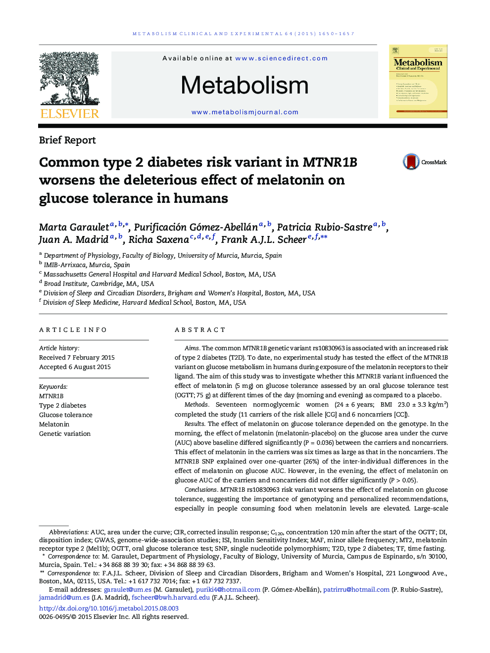 Common type 2 diabetes risk variant in MTNR1B worsens the deleterious effect of melatonin on glucose tolerance in humans