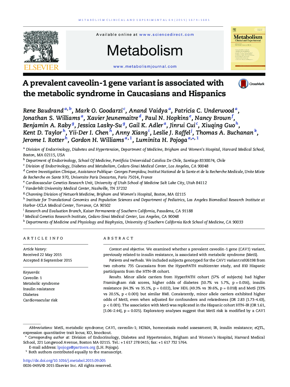 A prevalent caveolin-1 gene variant is associated with the metabolic syndrome in Caucasians and Hispanics