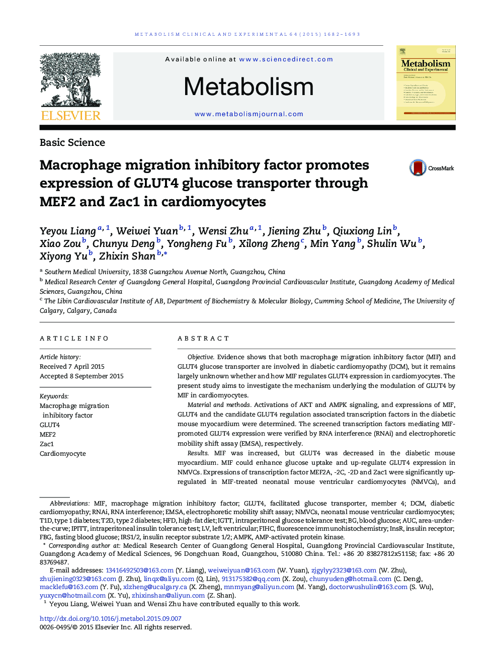 Macrophage migration inhibitory factor promotes expression of GLUT4 glucose transporter through MEF2 and Zac1 in cardiomyocytes