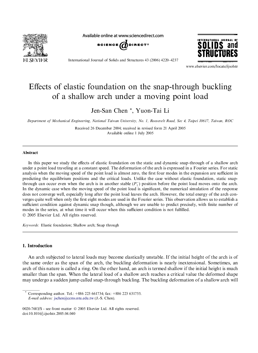 Effects of elastic foundation on the snap-through buckling of a shallow arch under a moving point load