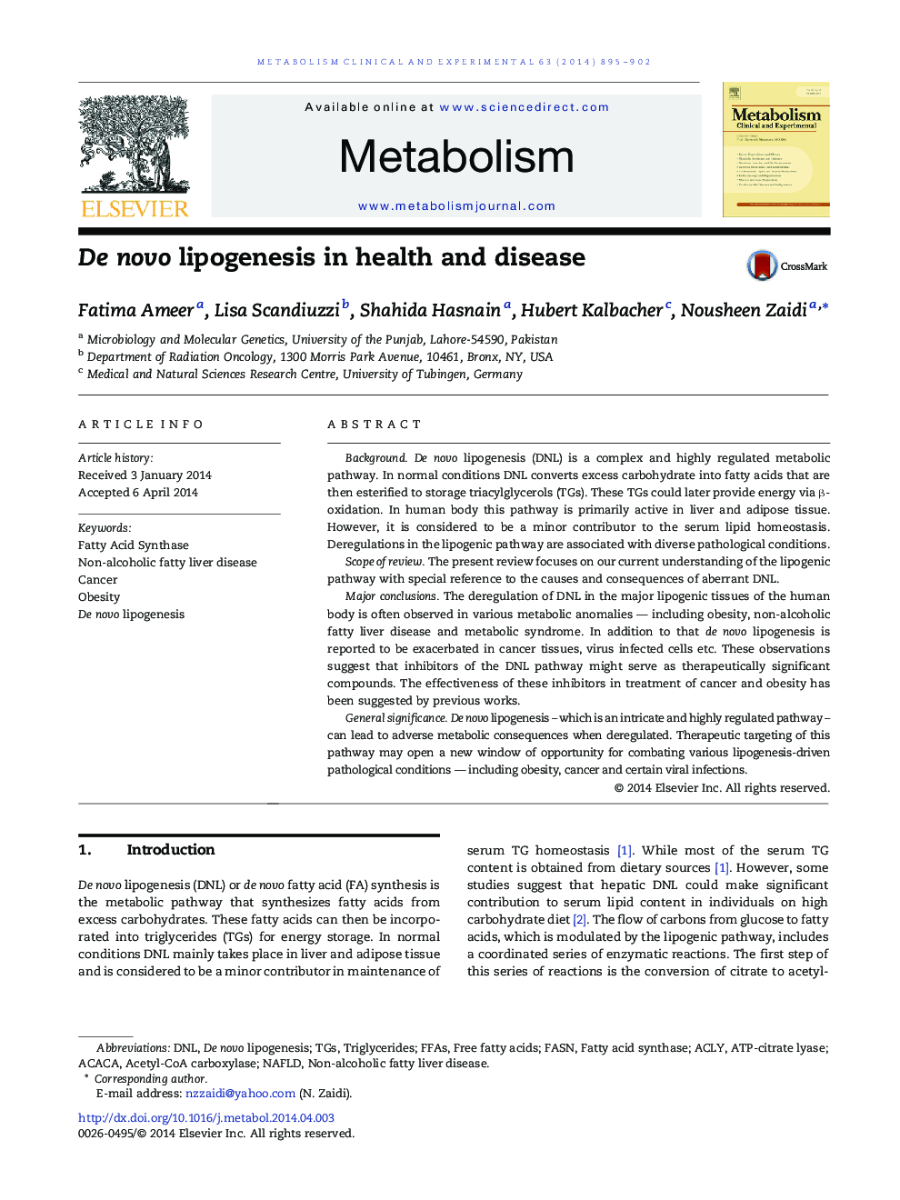 De novo lipogenesis in health and disease