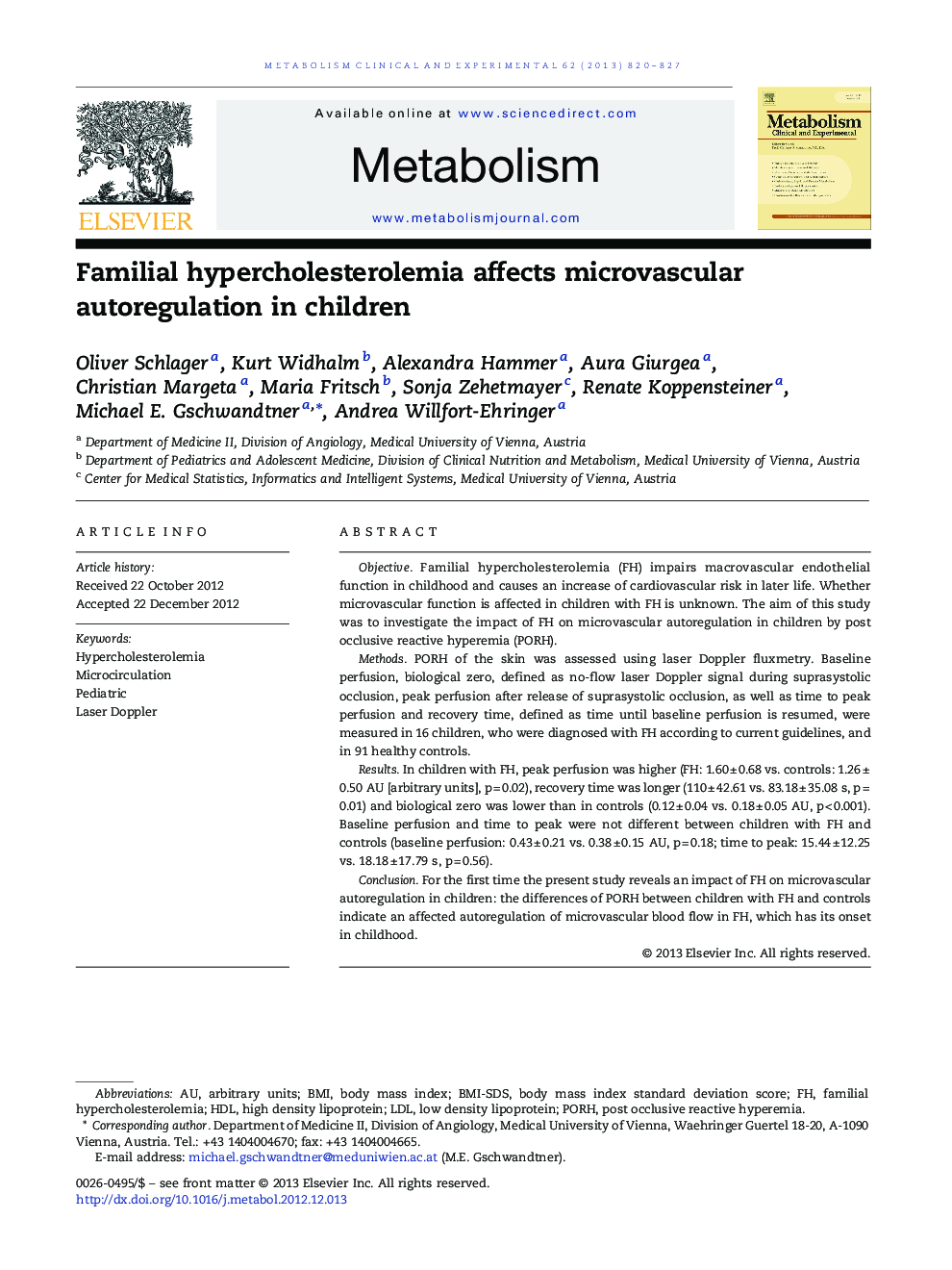 Familial hypercholesterolemia affects microvascular autoregulation in children