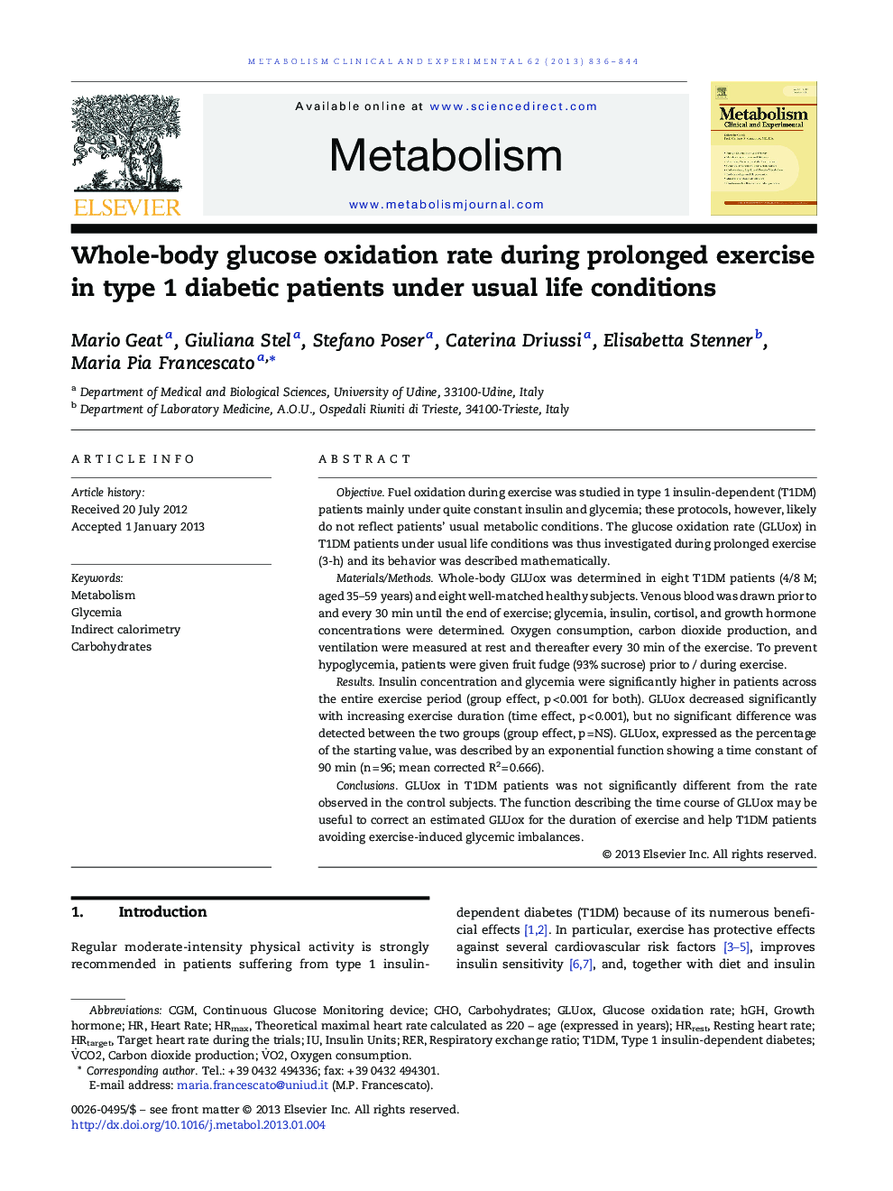 Whole-body glucose oxidation rate during prolonged exercise in type 1 diabetic patients under usual life conditions