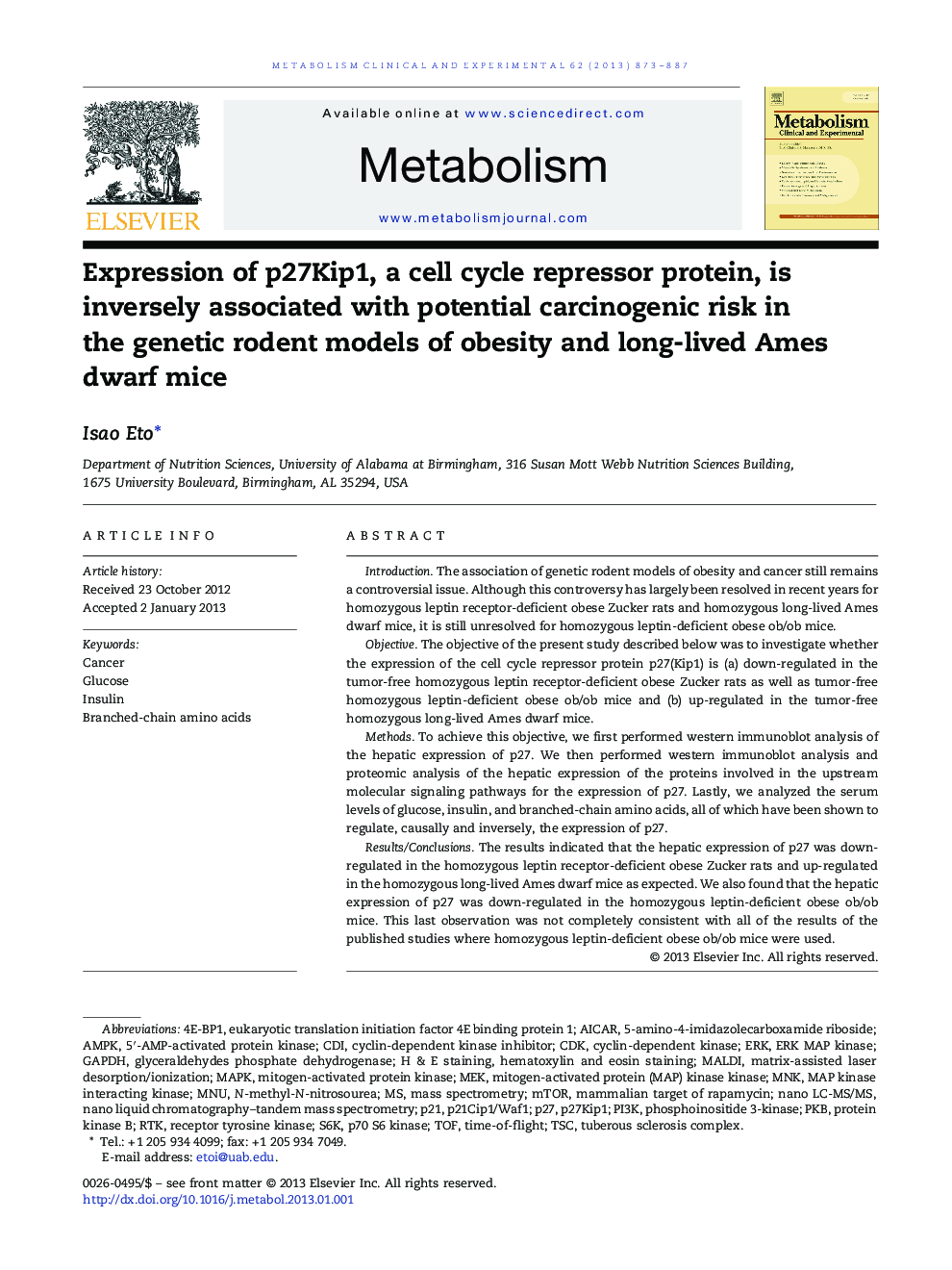 Expression of p27Kip1, a cell cycle repressor protein, is inversely associated with potential carcinogenic risk in the genetic rodent models of obesity and long-lived Ames dwarf mice