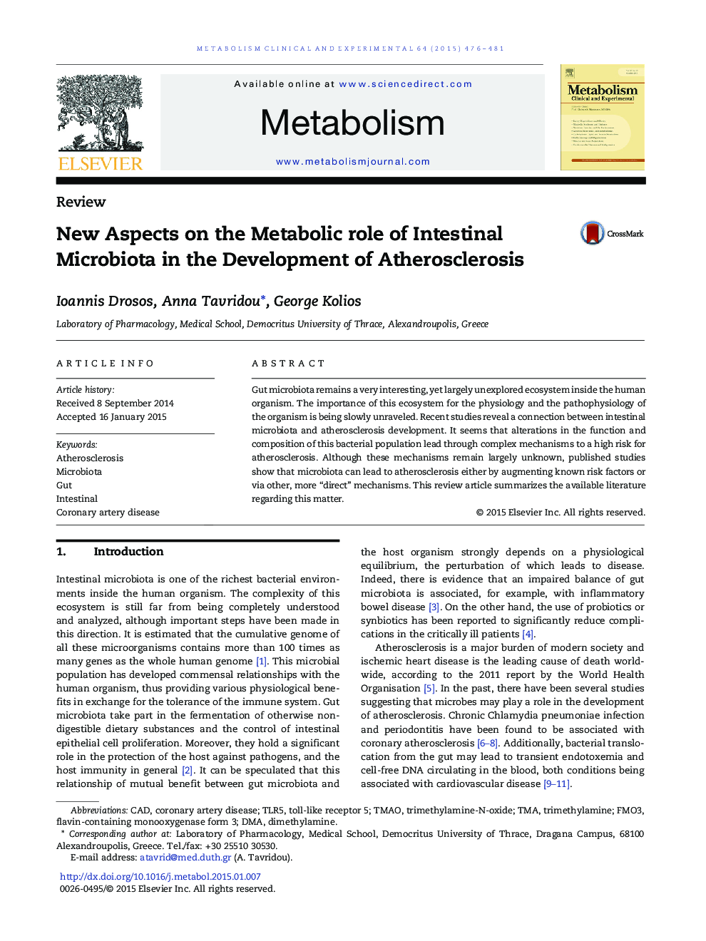 New Aspects on the Metabolic role of Intestinal Microbiota in the Development of Atherosclerosis