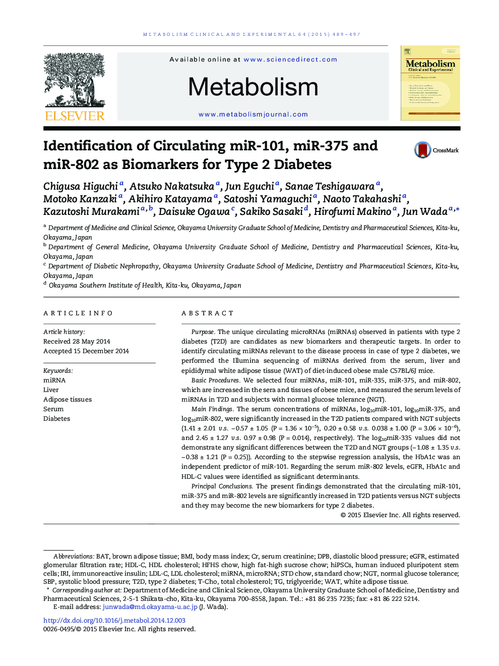 Identification of Circulating miR-101, miR-375 and miR-802 as Biomarkers for Type 2 Diabetes