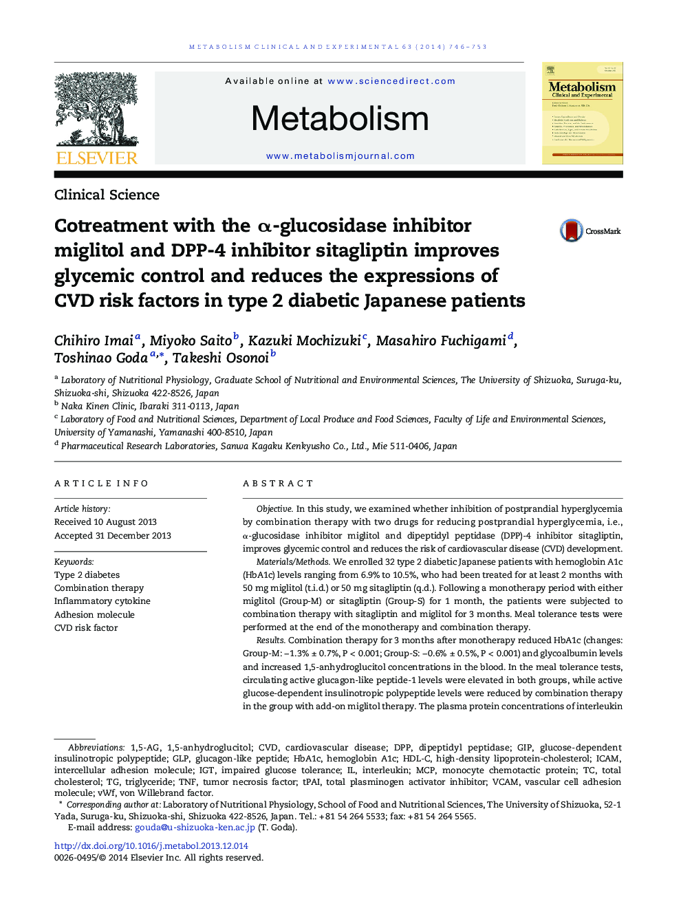 Cotreatment with the α-glucosidase inhibitor miglitol and DPP-4 inhibitor sitagliptin improves glycemic control and reduces the expressions of CVD risk factors in type 2 diabetic Japanese patients