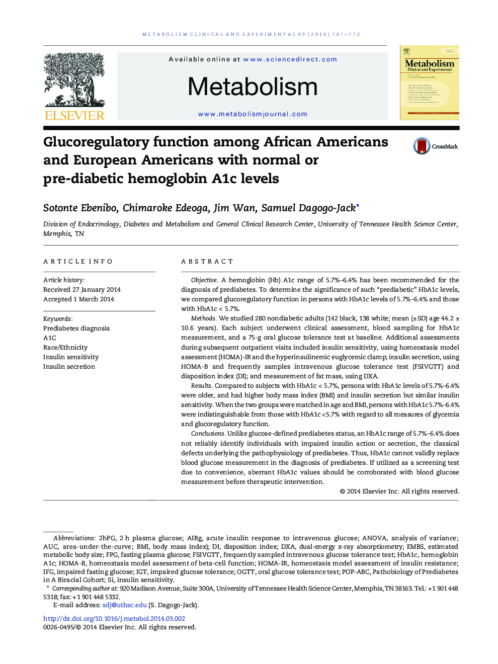 Glucoregulatory function among African Americans and European Americans with normal or pre-diabetic hemoglobin A1c levels