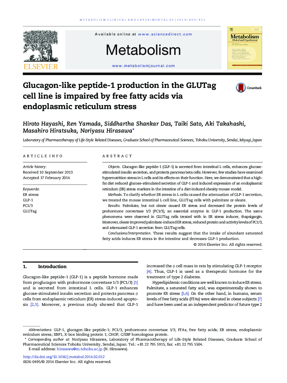 Glucagon-like peptide-1 production in the GLUTag cell line is impaired by free fatty acids via endoplasmic reticulum stress