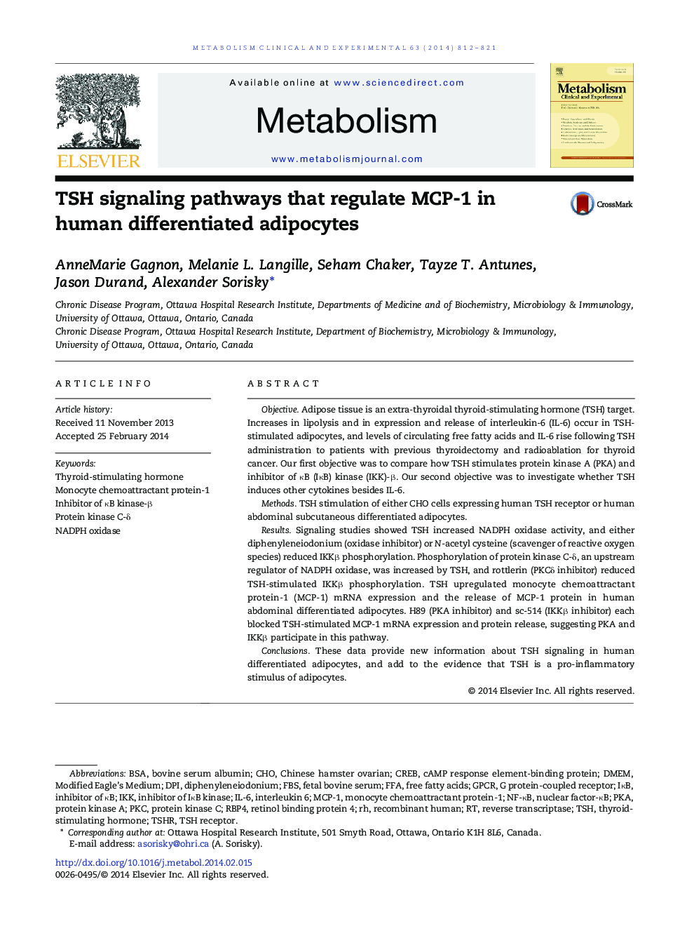 TSH signaling pathways that regulate MCP-1 in human differentiated adipocytes