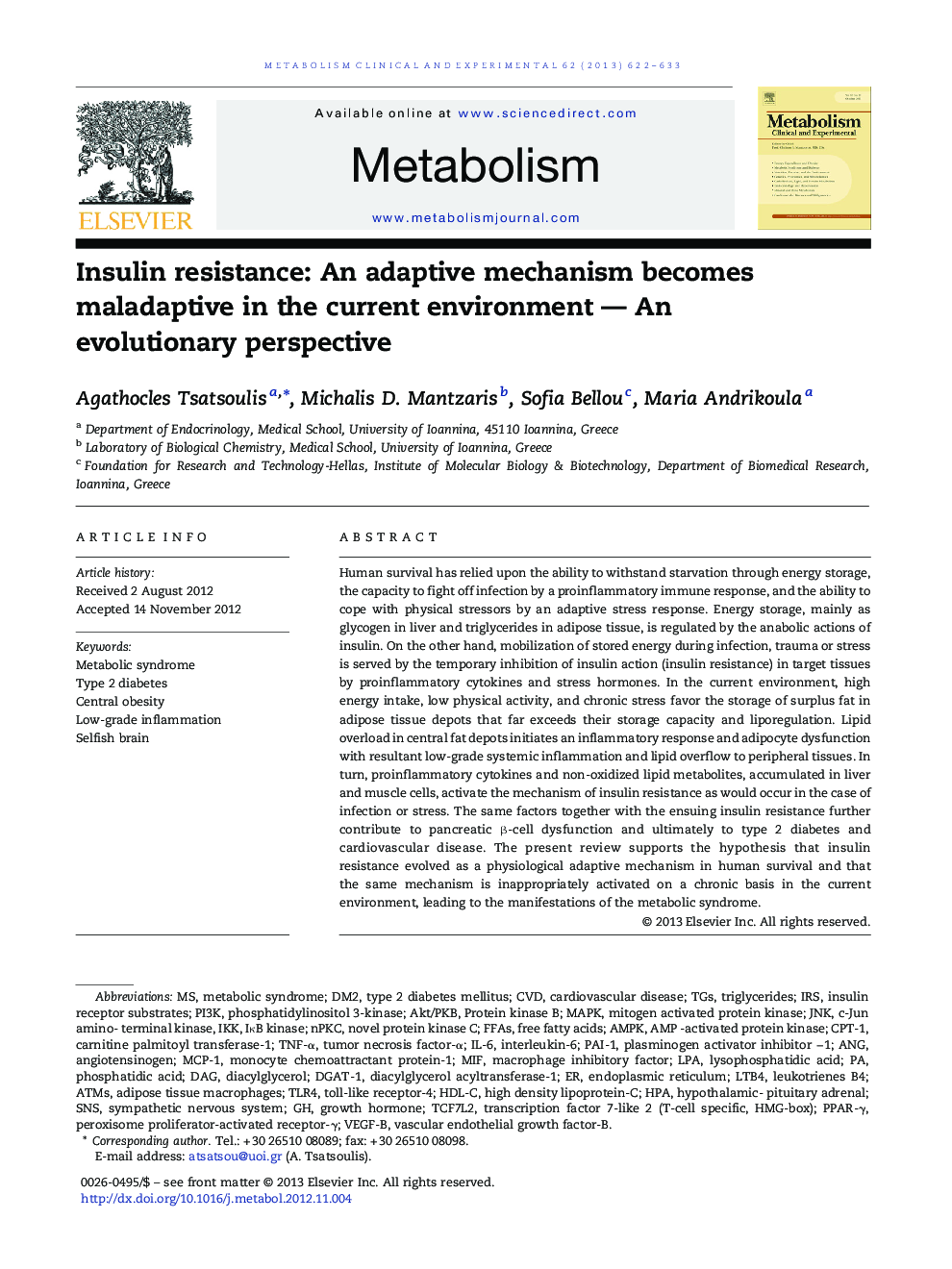 Insulin resistance: An adaptive mechanism becomes maladaptive in the current environment — An evolutionary perspective