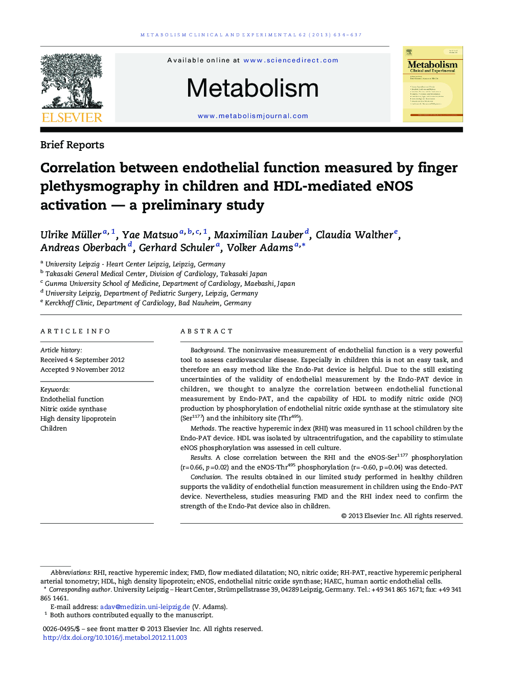 Correlation between endothelial function measured by finger plethysmography in children and HDL-mediated eNOS activation — a preliminary study