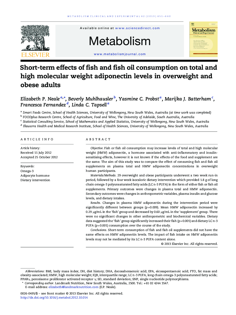Short-term effects of fish and fish oil consumption on total and high molecular weight adiponectin levels in overweight and obese adults