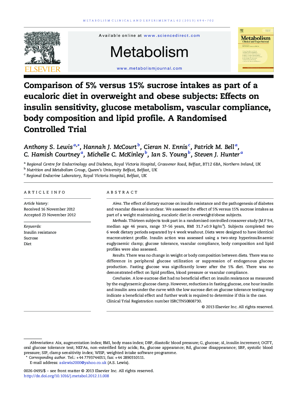 Comparison of 5% versus 15% sucrose intakes as part of a eucaloric diet in overweight and obese subjects: Effects on insulin sensitivity, glucose metabolism, vascular compliance, body composition and lipid profile. A Randomised Controlled Trial 