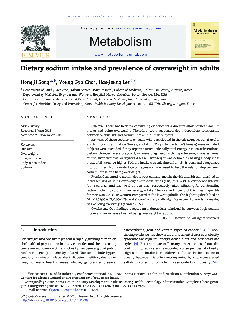 Dietary sodium intake and prevalence of overweight in adults