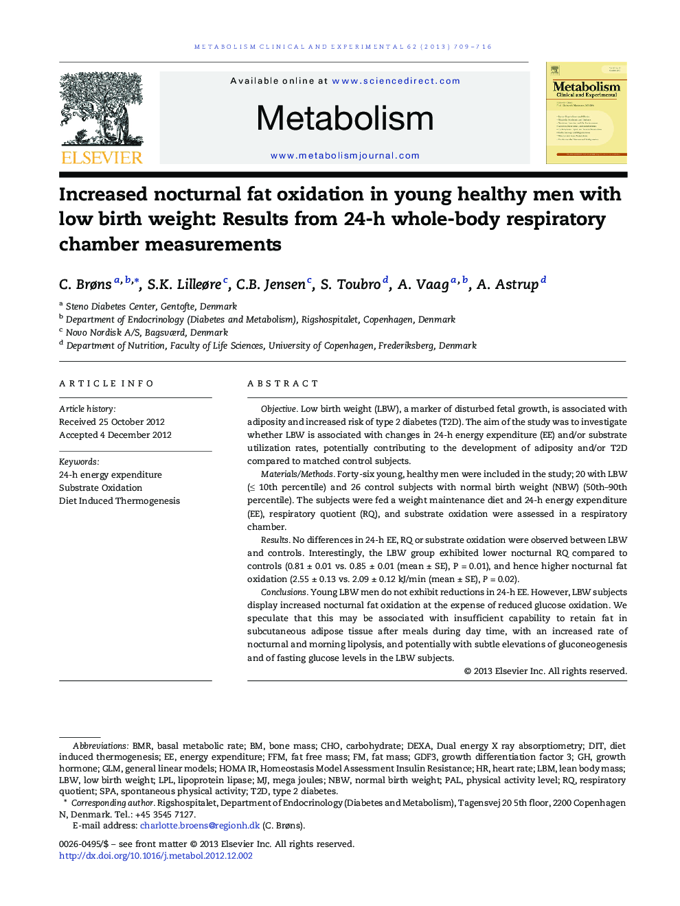 Increased nocturnal fat oxidation in young healthy men with low birth weight: Results from 24-h whole-body respiratory chamber measurements