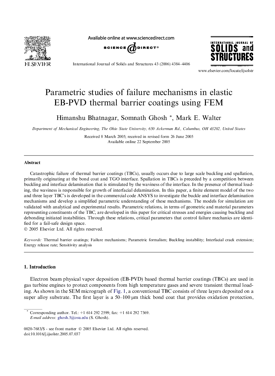 Parametric studies of failure mechanisms in elastic EB-PVD thermal barrier coatings using FEM