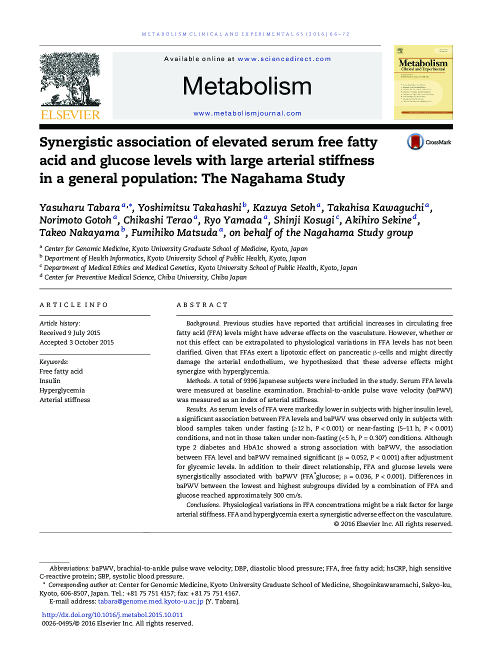 Synergistic association of elevated serum free fatty acid and glucose levels with large arterial stiffness in a general population: The Nagahama Study