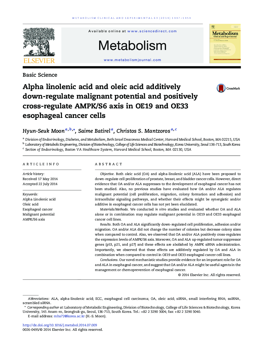 Alpha linolenic acid and oleic acid additively down-regulate malignant potential and positively cross-regulate AMPK/S6 axis in OE19 and OE33 esophageal cancer cells