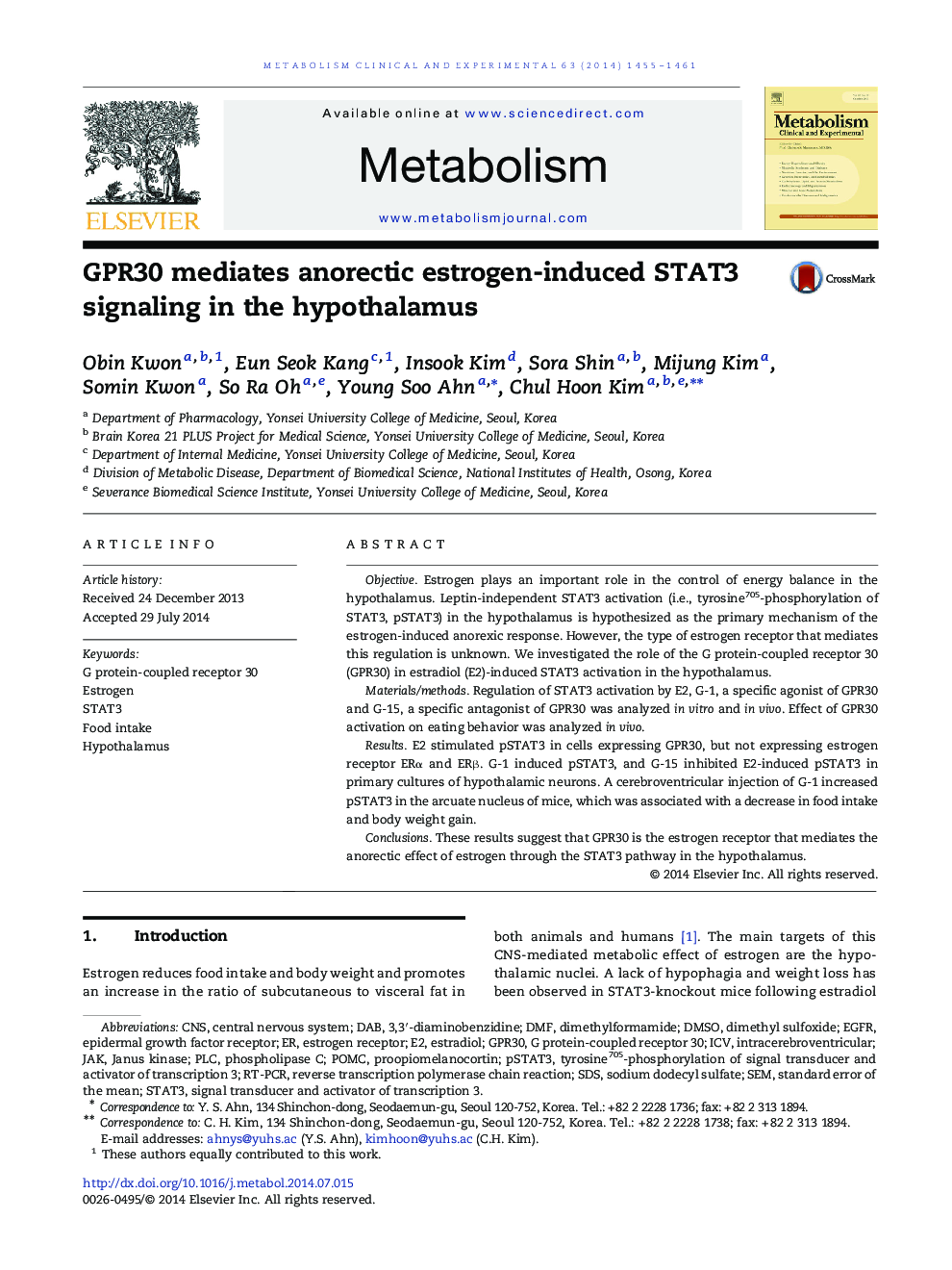 GPR30 mediates anorectic estrogen-induced STAT3 signaling in the hypothalamus