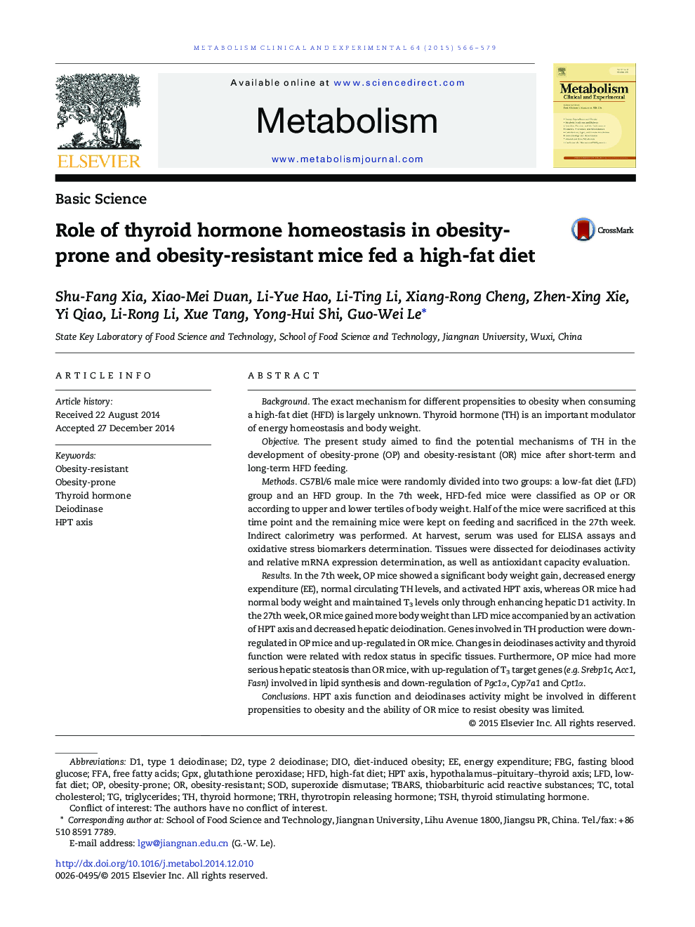 Role of thyroid hormone homeostasis in obesity-prone and obesity-resistant mice fed a high-fat diet 