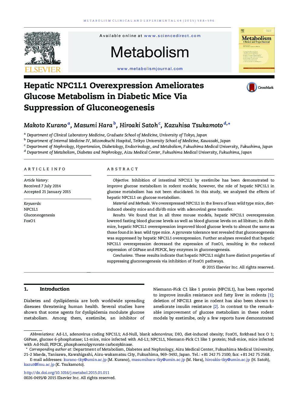 Hepatic NPC1L1 Overexpression Ameliorates Glucose Metabolism in Diabetic Mice Via Suppression of Gluconeogenesis