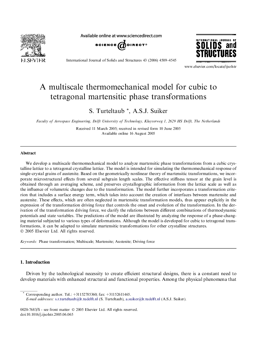 A multiscale thermomechanical model for cubic to tetragonal martensitic phase transformations